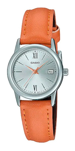 Reloj Casio Ltpv002 Mujer Correa Marrón Fechador Color Del Fondo Plateado Ltp-v002l-7b3