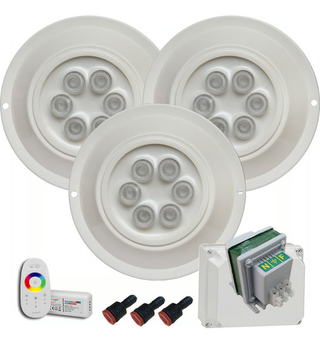 Luces De Pileta Kit Completo 3 Luminarias Led 20w Rgb Plasticas Abs Mahled Sumergibles + Transformador Doble Bobinado + Controlador Rf Tactil + Pasamuros Listo Para Instalar En Piscinas Hormigon