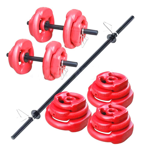 Barra + 2 Mancuernas + 20 Kg En Discos Con Manija Kit Set P