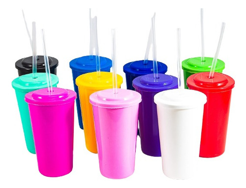Set 10 Vasos Plasticos Con Tapa Y Sorbete Colores Souvenir 