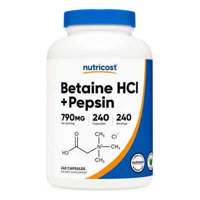 Betaína Hcl + Pepsina Nutricost 790mg 240 cápsulas sin sabor | Envío gratis