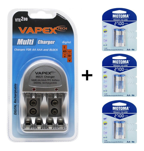 Combo Cargador Vapex Vte-200 + 6 X Pilas Motoma Aa 2700 Mah 