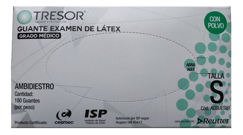 Guante Latex Tresor Talla S Caja X 100 Un. Certificación Isp