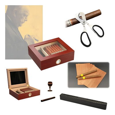 Humidor Cigarro Cubano Caja Con Higrómetro Tapa Vidrio 35pzs Marrón Oscuro