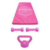 Colchoneta Rosa + Pesa Rusa Kettlebell + 2 Mancuernas 1kg Color Rosa Chicle