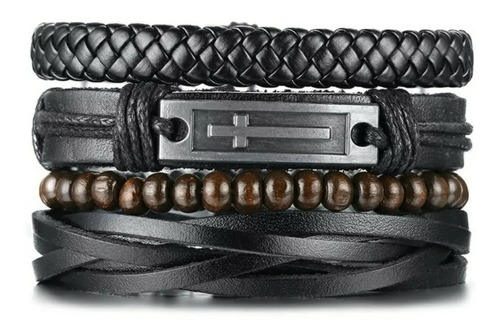 Conjunto Pulseras Cruz Cuero Negro Hombre Ajustable Vintage