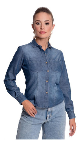 Camisa Social Feminina Jeans Manga Longa Moderna Teodoro