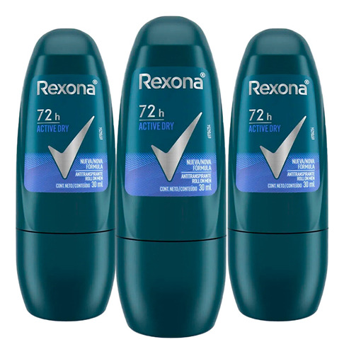 Kit 3 Desodorante Roll On Rexona Active Dry 48h Men 30ml