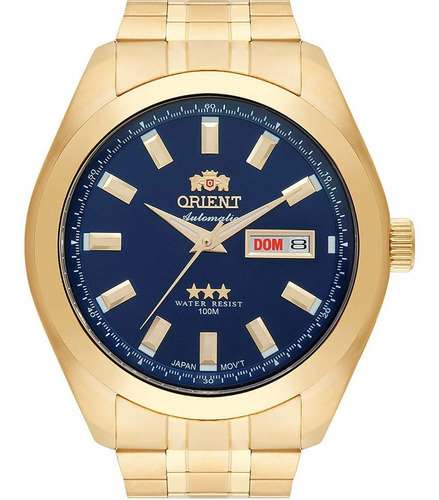 Relógio Orient Automático Para Homem A Prova D'água 100 M Cor Da Correia Dourado Cor Do Bisel Dourado Cor Do Fundo Azul