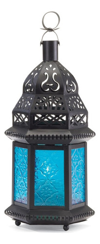 Candelabro Marroqui Gifts & Decor, De Vidrio Azul, Con Farol