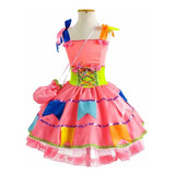 Vestido Junino Infantil Rosa Neon Bandeirinhas C/ Bolsa + Nf