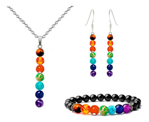 Juego Cuarzo 7 Chakras Collar Aretes Y Pulsera + Estuche 