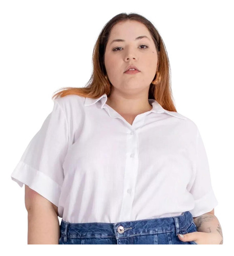 Camisa Social De Viscolinho Manga Curta Feminina Plus Size