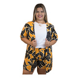 Short + Kimono Plus Size Estampado Amarelo Conjunto Feminino