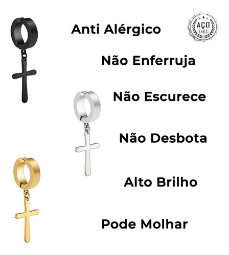 3 Peças Brincos Argola Cruz Aço Inox Cirúrgico Anti Alergico Cor Dourado / Prata / Preto