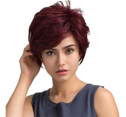 Cabello Humano Corto Rojo Vino Para Mujer Con Raya Lateral P