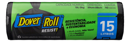 Sacos P/ Lixo 15l Dover-roll Resist! Preto 40un