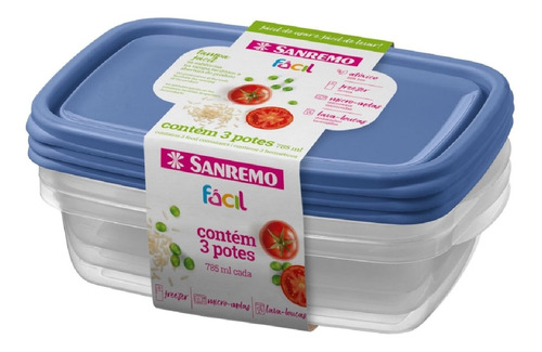 3 Pote Plástico 785ml Retangular Microondas Freezer Bpa Free