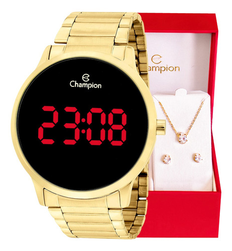 Relógio Champion Feminino Digital Dourado Kit Colar Brincos