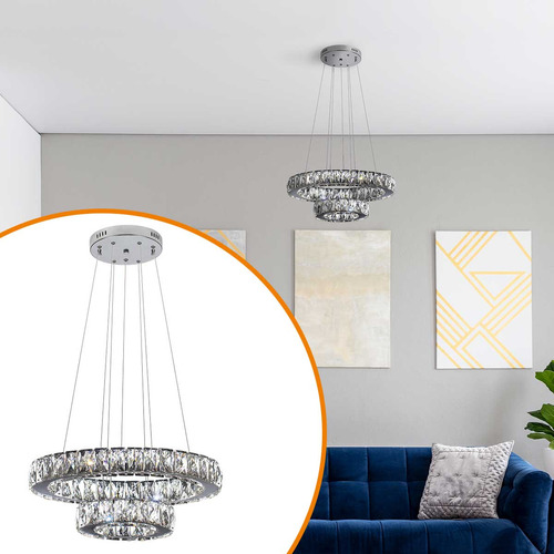 Lustre De Cristal Legítimo Sala Jantar Pendente Led 35w Tokyo Duplo 2 Aros Redondo Aço Inox Transparente 120x40cm Llumm Bronzearte