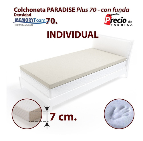 Colchoneta Memory Foam Gel 70kg De 7cm Individual Con Funda 