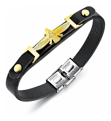 Pulsera Manilla Acero Inoxidable Águila Cuero Negro Hombre