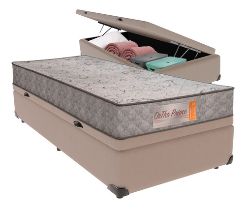 Cama + Box Baú Solteiro Bege Colchão Orthoprime Comfortprime