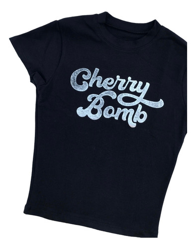 Remera Baby Tee Crop Top Cherry Bomb Estampa Con Brillos