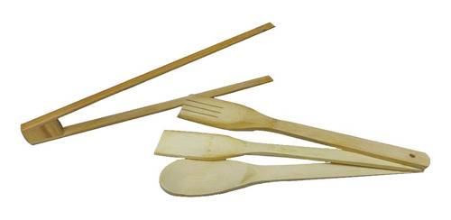 Set De 4 Utensilios De Bambu Espatulas Cuchara Pinzas Cocina