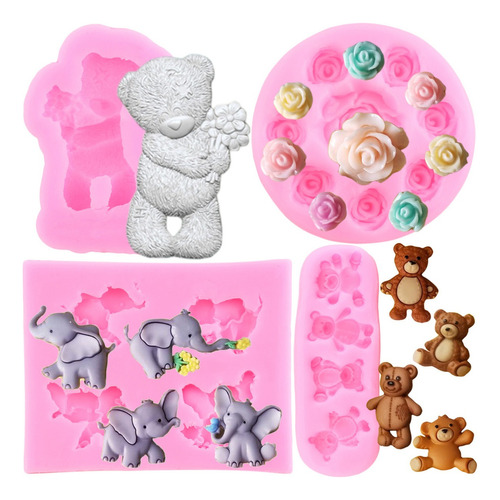 4pcs Molde De Silicona Oso Rosa Elefante Fondant Resina