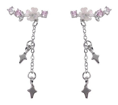 Aretes Colgantes Clip Aros 925 Plata Flor Rosada Mujer