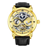 Reloj De Pulsera Stührling 371 De Cuerpo Color Plata, Cristal, Para Hombre, Fondo Automatico, Con Correa De Cuero Color Piel, Bisel Color Dorado Y Hebilla Simple