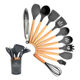 Set X12 Kit Utensilios De Cocina Mango Madera Punta Silicona