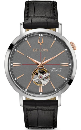 Reloj Bulova Automatic Original Para Hombre 98a187 Correa Negro Bisel Plateado Fondo Gris