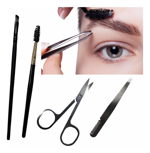 Set Pinza Cepillo Pincel Y Tijeras Acero  Para Cejas