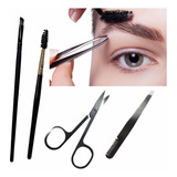 Set Pinza Cepillo Pincel Y Tijeras Acero  Para Cejas