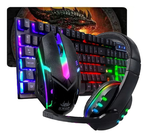 Kit Teclado Semi Mecânico E Mouse Gamer Rgb Headset Mousepad