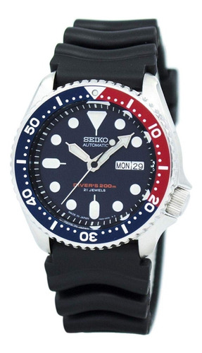 Reloj Pulsera Seiko Prospex Skx009j1 De Cuerpo Color Plateado, Analógico, Para Hombre, Fondo Azul Oscuro, Con Correa De Goma Color Negro, Agujas Color Blanco Y Plateado, Dial Blanco Y Plateado, Minute