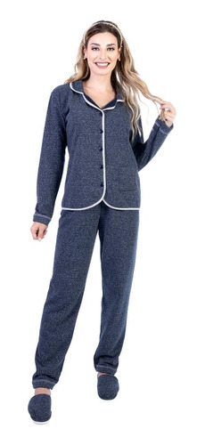 Conjunto Pijama Plus Size Calça Blusa Moletinho Com Botão