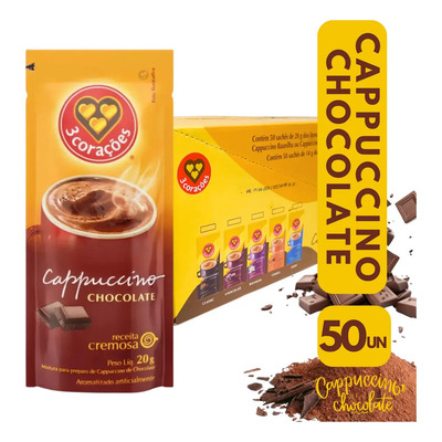 Cappuccino Chocolate Três 3 Corações Sachê 20g - 50 Sachês | Parcelamento sem juros