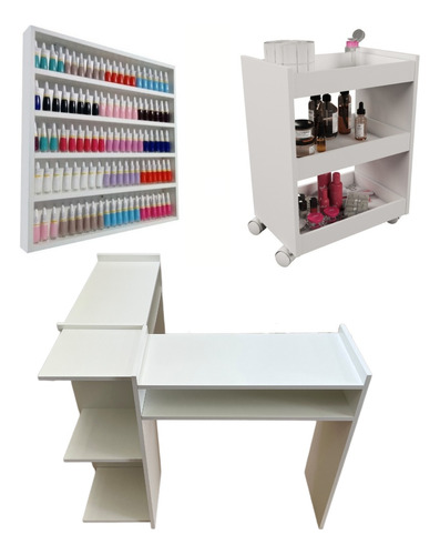 Mesa Manicure L + Carrinho Auxiliar + Expositor De Esmaltes