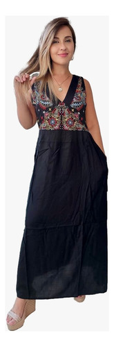 Vestido Feminino Longo Indiano Regata C/bordado E Bolso Cd67