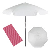 Kit Praia Guarda Sol Branco 1,60m + Esteira De Praia Rosa