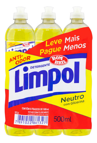 Detergente Para Lava-louças Limpol Neutro Líquido Neutro Em Squeeze 3000 Ml Pacote X 6