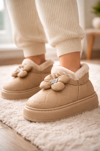 Pantuflas Bota Corta Decorativa Flor Invierno Casual Cómodas