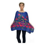 Blusa Amplia Tipo Poncho / Túnica De Gasa Bordada Con Flores