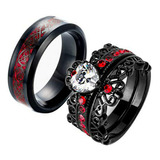 Anillos Pareja Corazón Negro Cz Rojo Conjunto Boda.