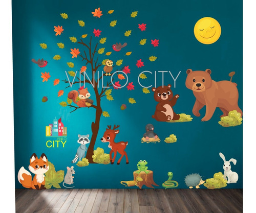 Vinil Decorativo Infantil Osos Y Animales Del Bosque 2x2mts