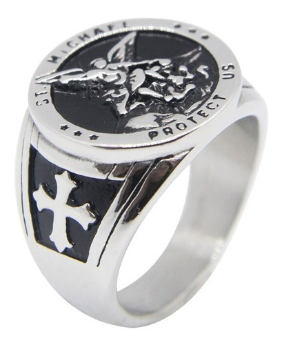 Anillo Acero Inoxidable Color Plata St Michael Angel Hombre