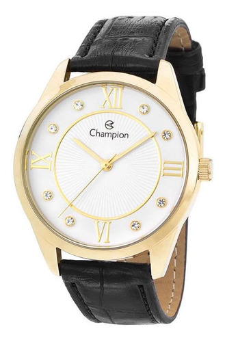 Relógio Champion Feminino Branco Dourado Couro Cn28268b